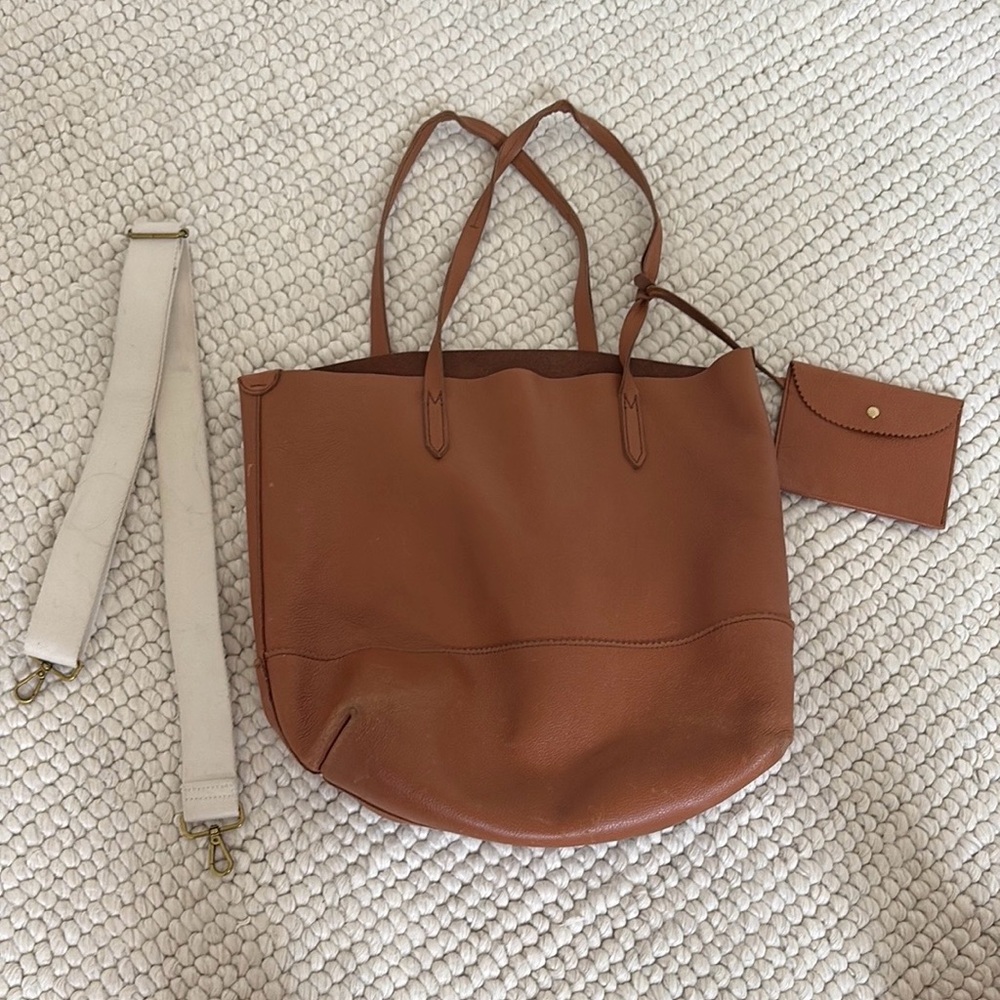 J. Crew Tan Brown Leather Tote with Detachable Cream Strap